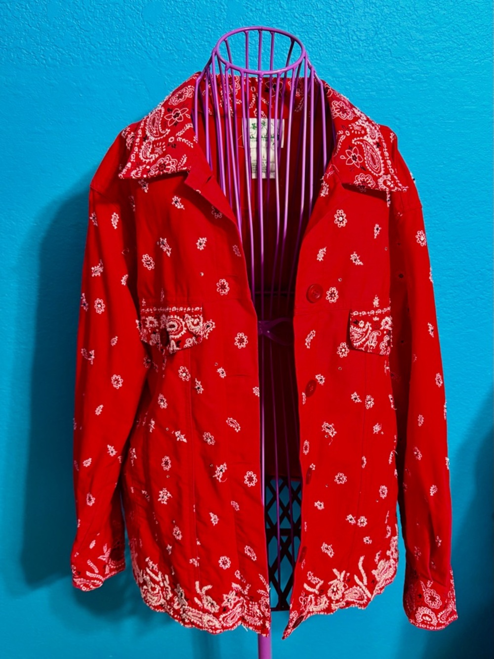 Quacker Factory Red Bandana Print Sequined Jean Jacket